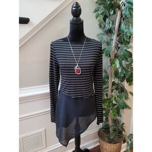 Bar III Blouse Women's Medium Black White Striped Long Sleeve Asymmetrical Hem